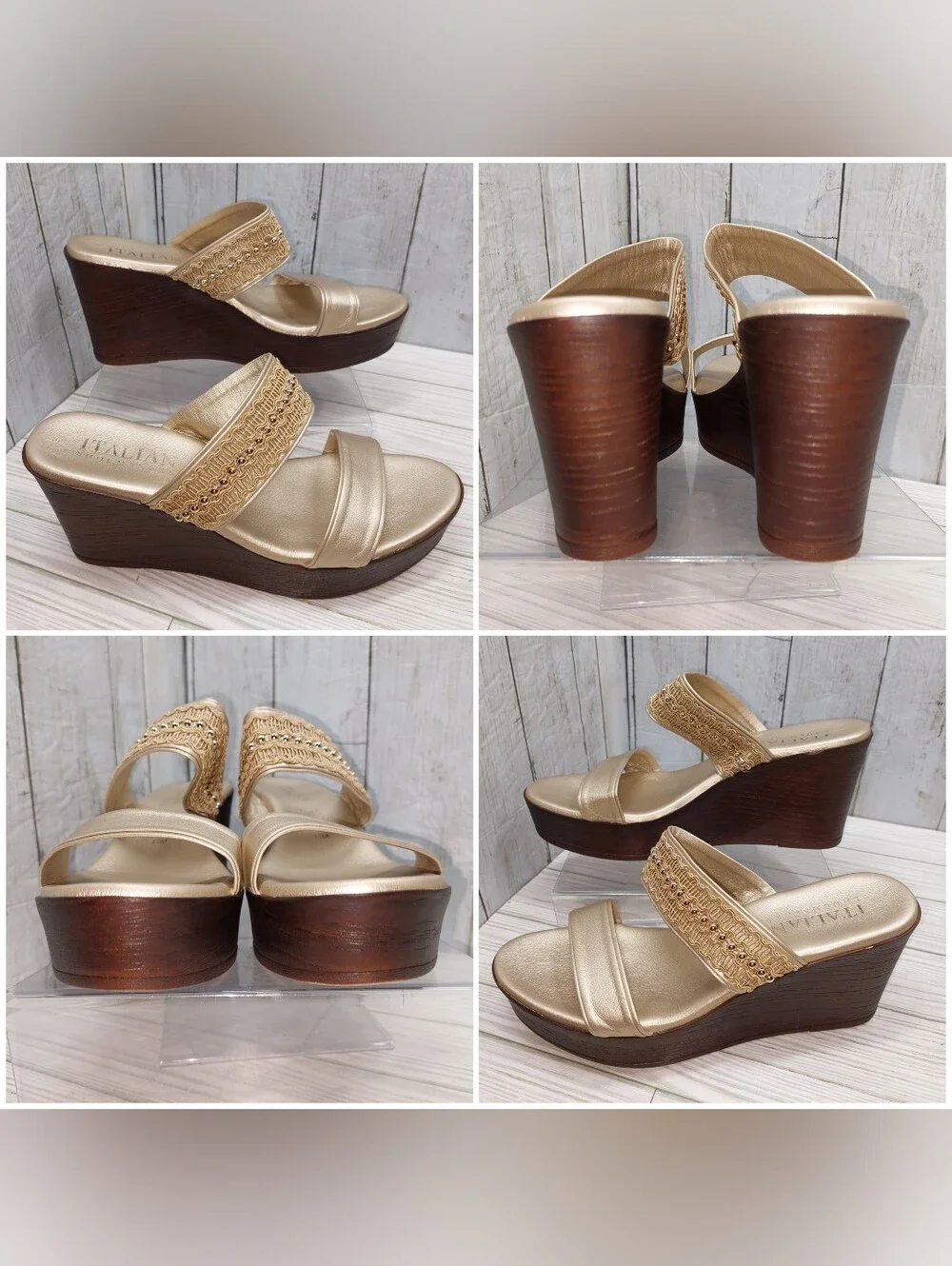 Italian Shoemakers Wmn 11M Gold Lthr Beaded Lace Strappy Wedge Platform Sandals